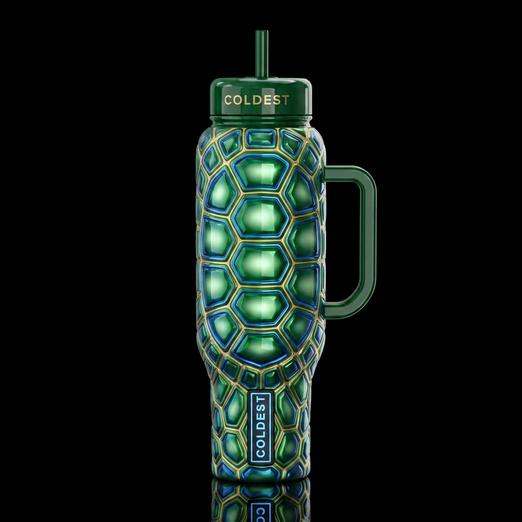 Turtle shell, sculpted, glowie, shiny water bottle design