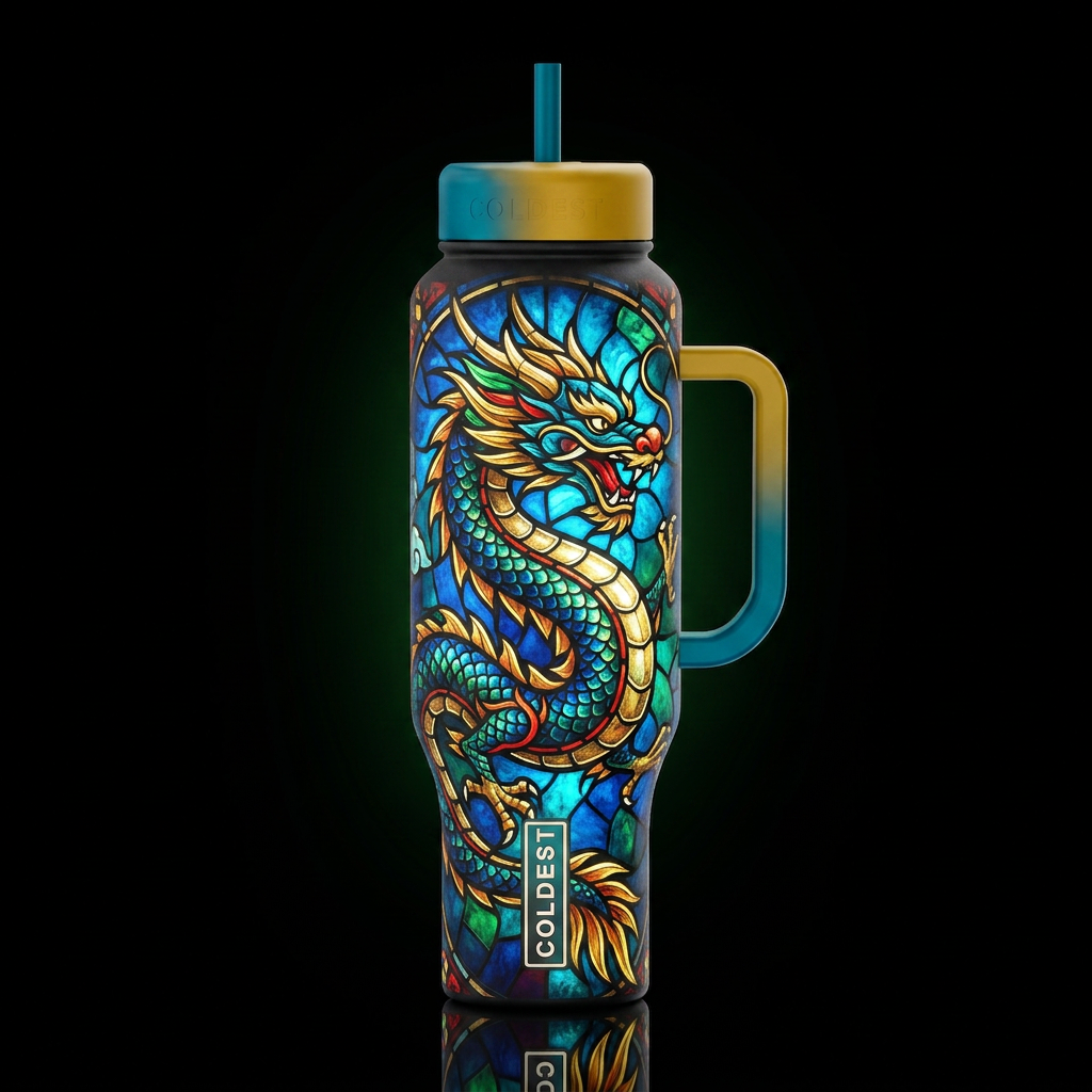 Stain glass lighted, glowie Chinese dragon water bottle design