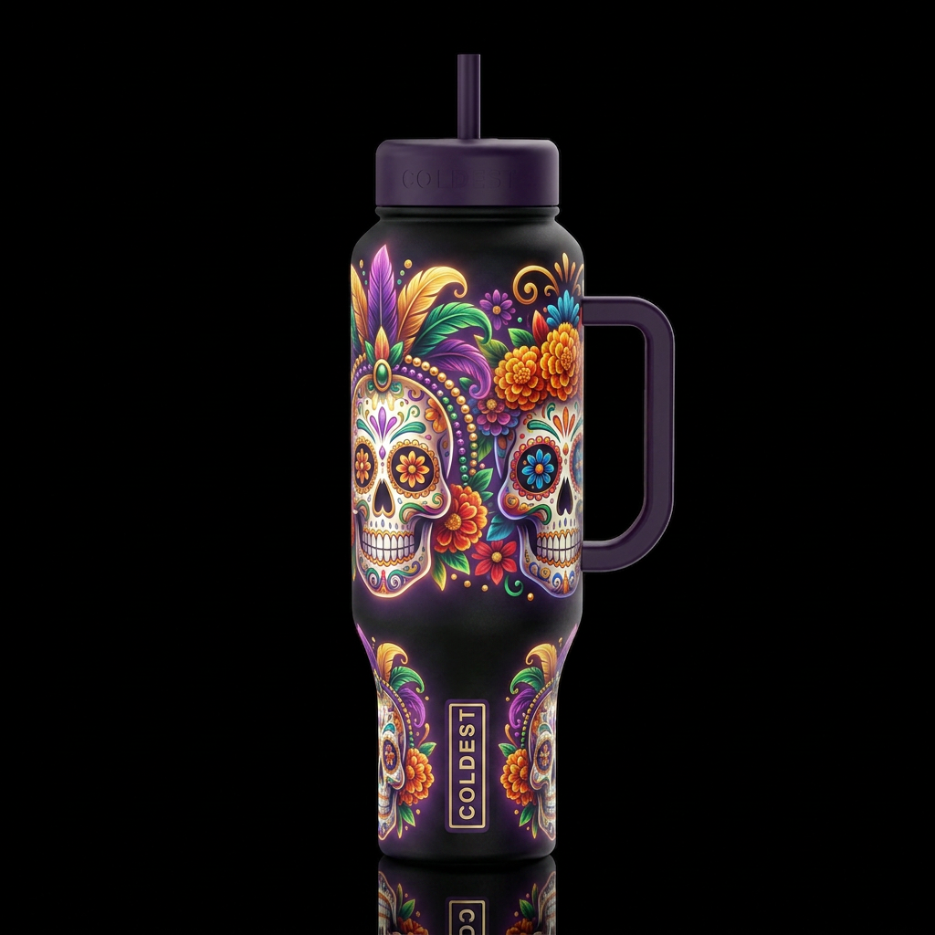 mardi gras the day of the dead flowers glowie water bottle design