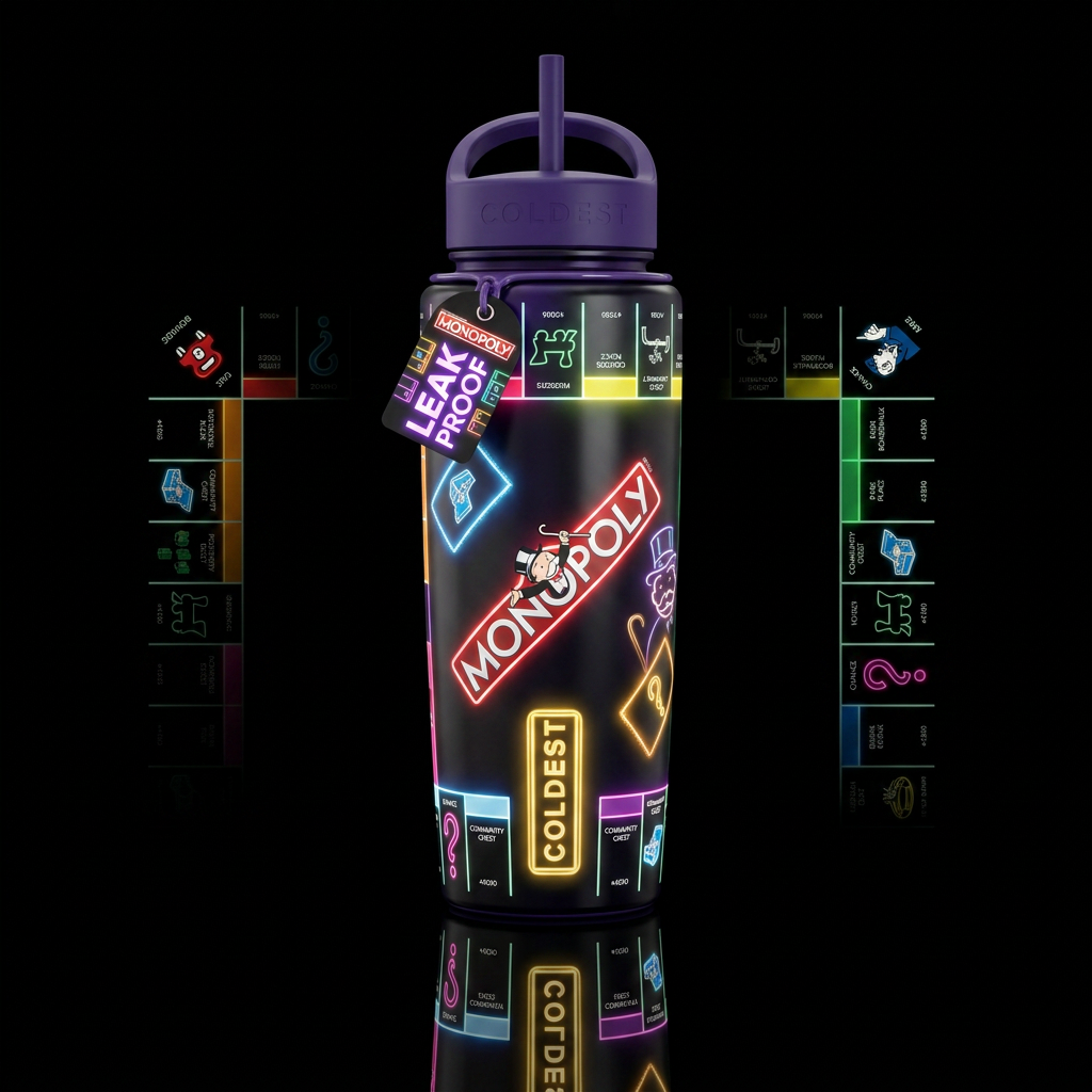 Monopoly the board game, glowie water bottle design