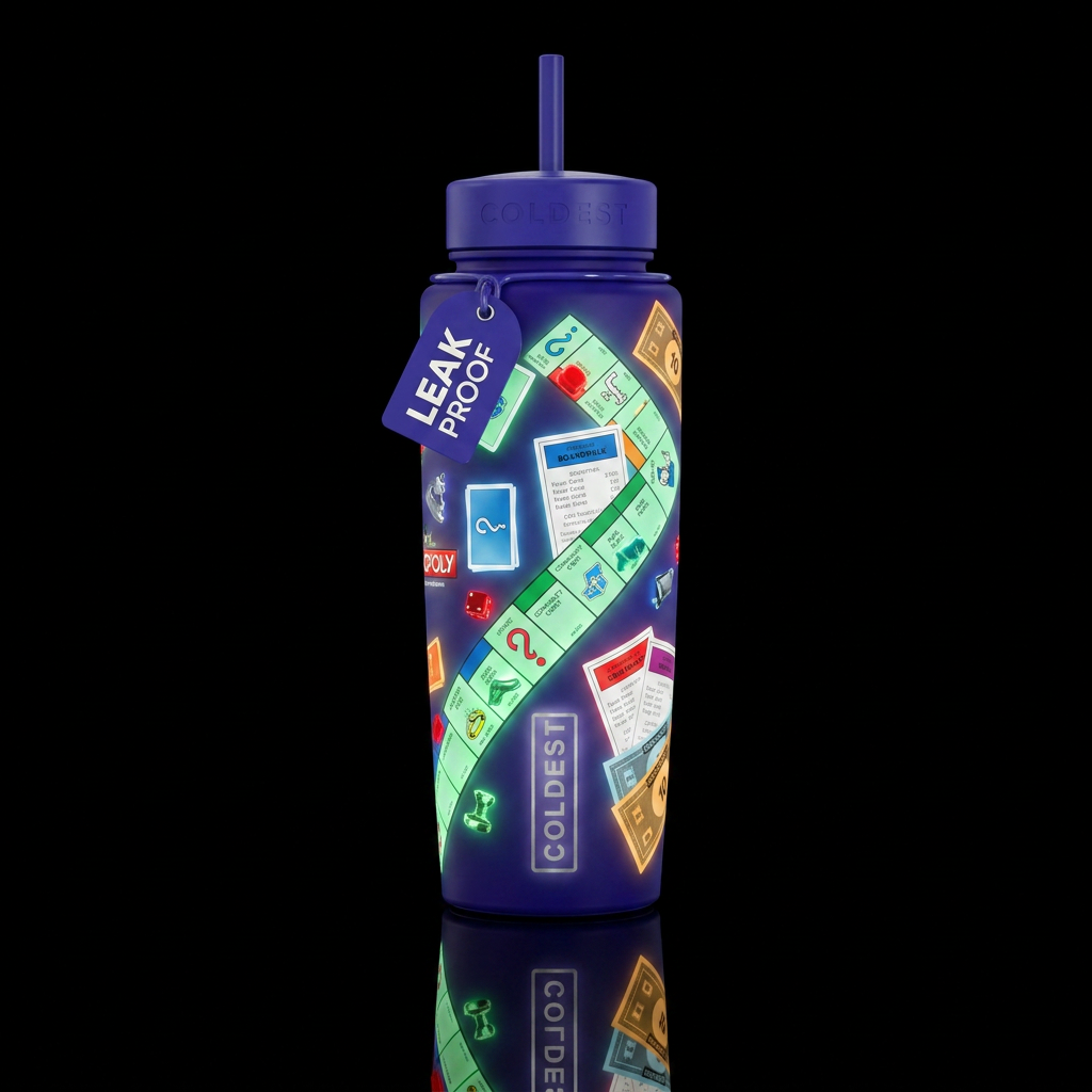 Monopoly the board game, glowie water bottle design