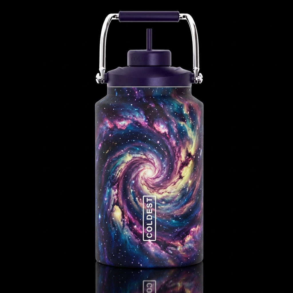 Space cosmic spiral nebula multi colored glowie water bottle design