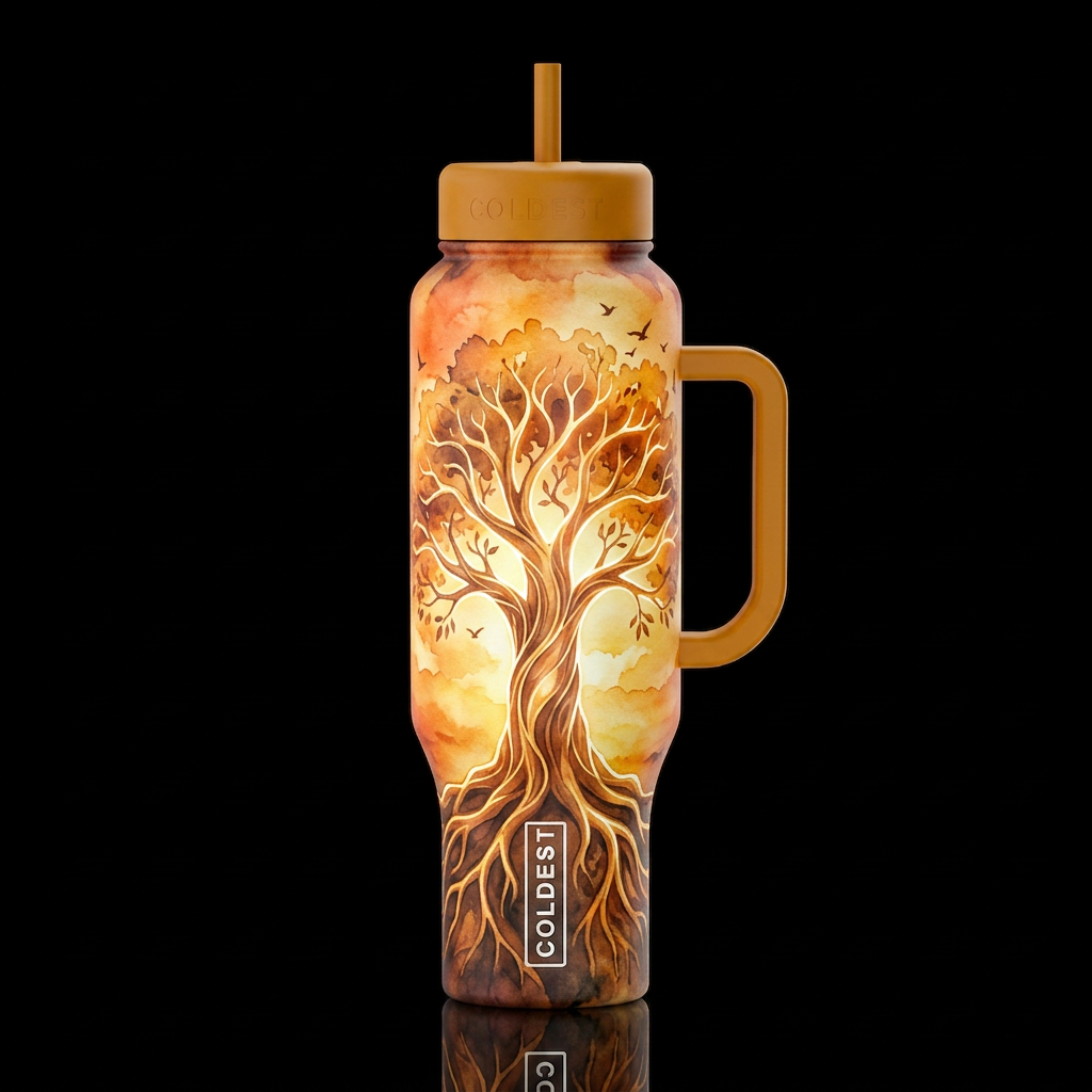 Water color glowie tree of life with birds sunrise... water bottle design