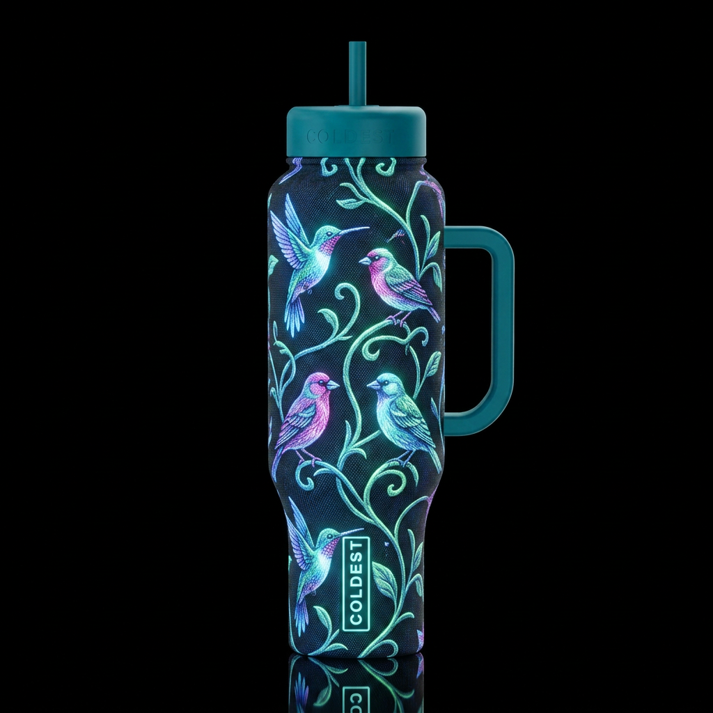 jacquard, birds, vines glowie water bottle design