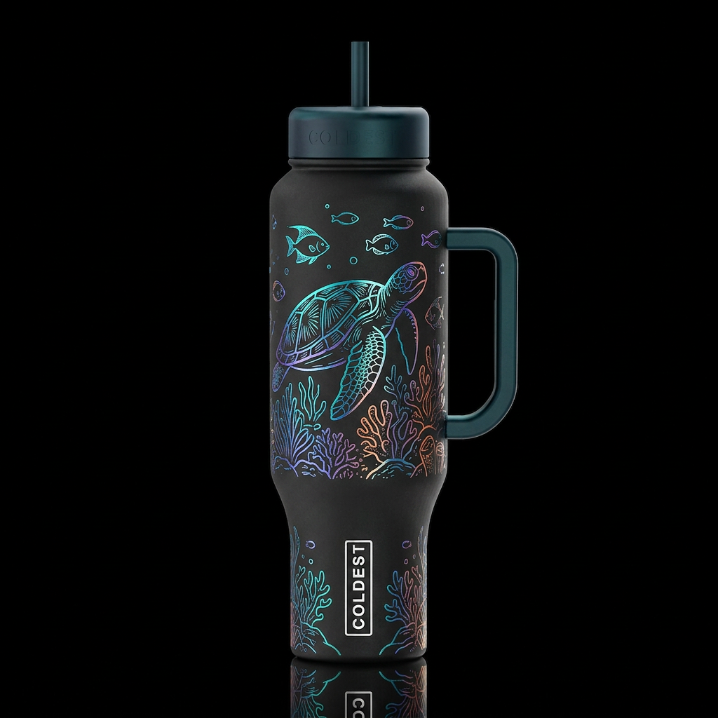 line art sea turtle floating fish coral reef glowi... water bottle design