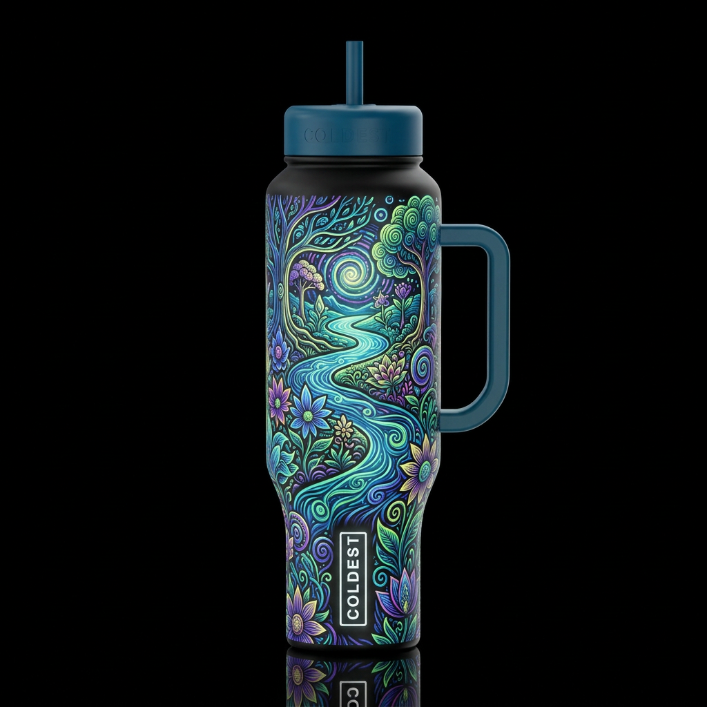 colorful mystical river wall with spiral's, swirls... water bottle design