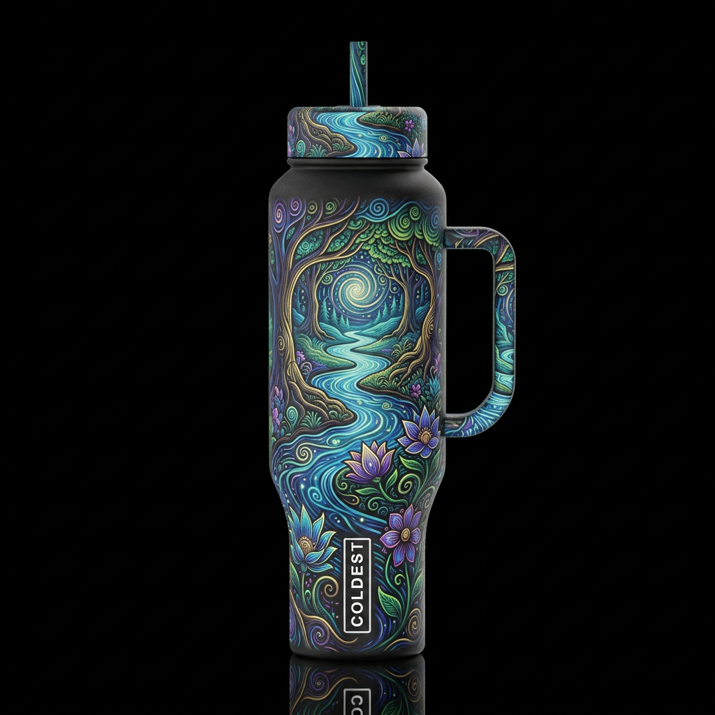 colorful mystical river wall with spiral's, swirls... water bottle design