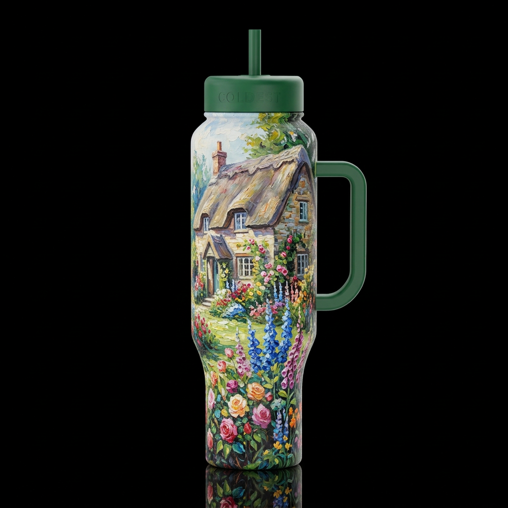 cottage with a secret garden impressionism, oil pa... water bottle design
