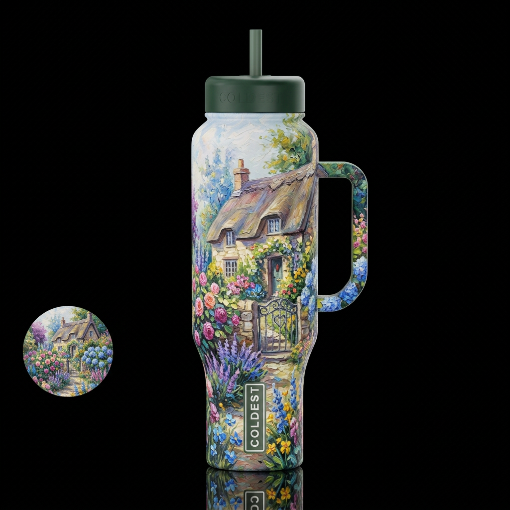 cottage with a secret garden impressionism, oil pa... water bottle design