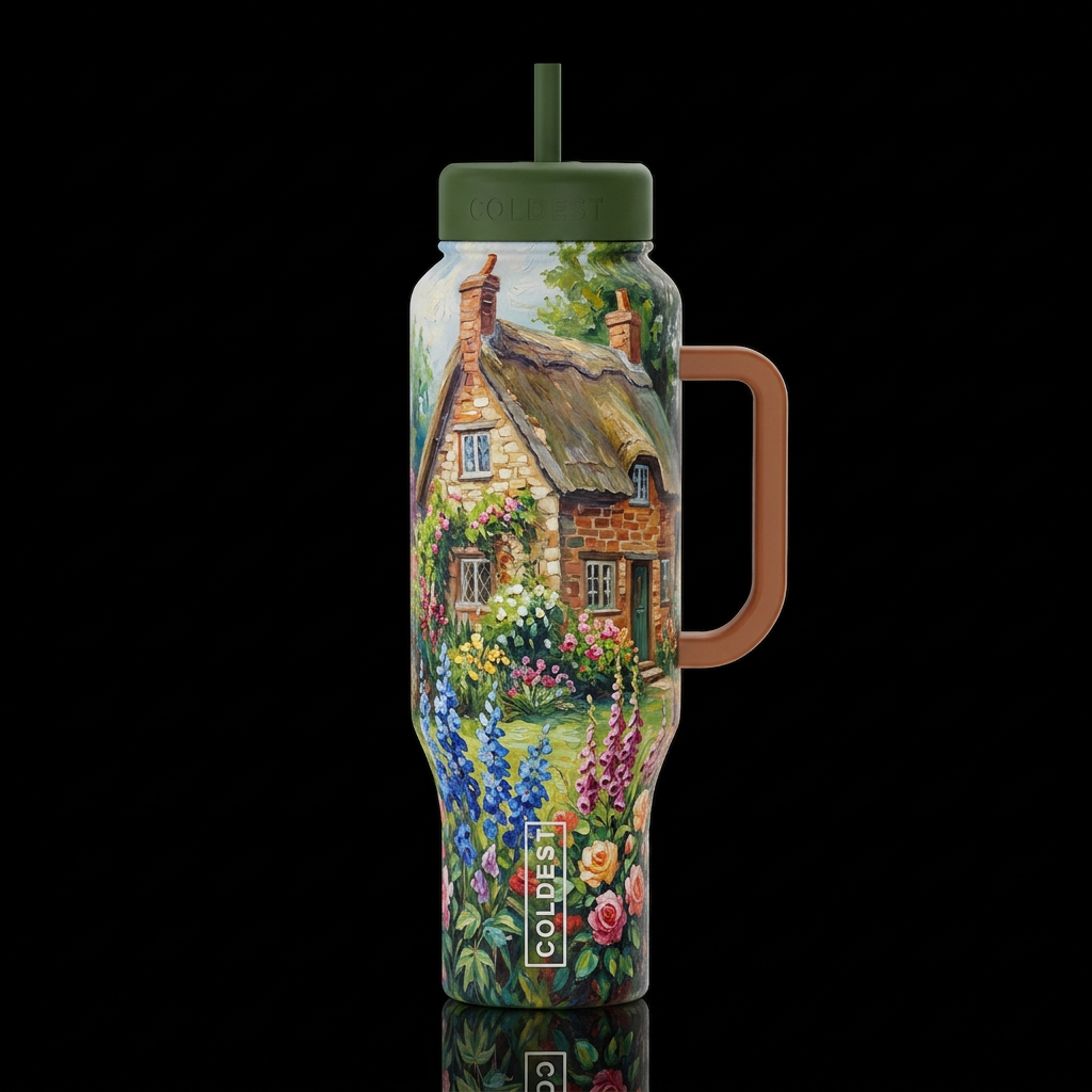 cottage with a secret garden impressionism, oil pa... water bottle design