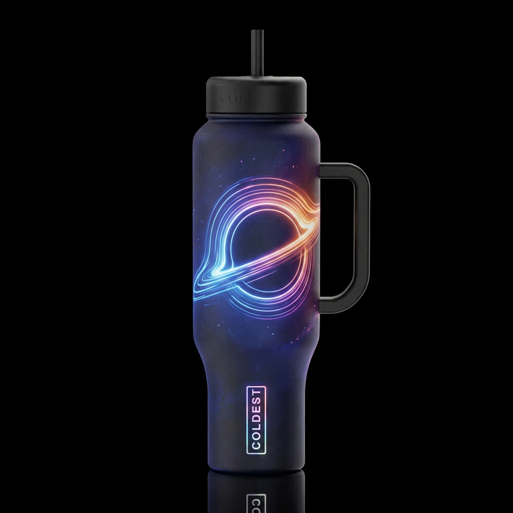 space black whole, event horizon line art glowie water bottle design