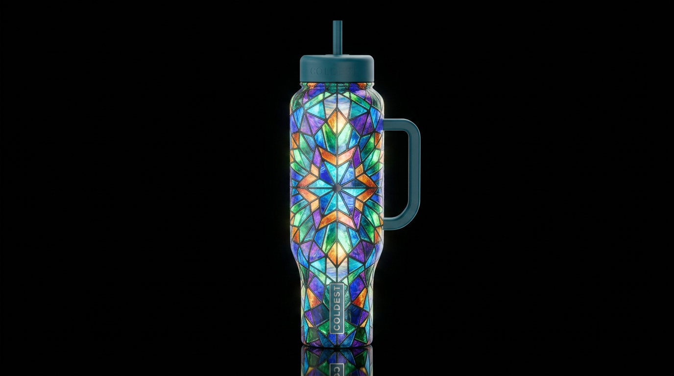 kaleidoscope stain glass glowie water bottle design