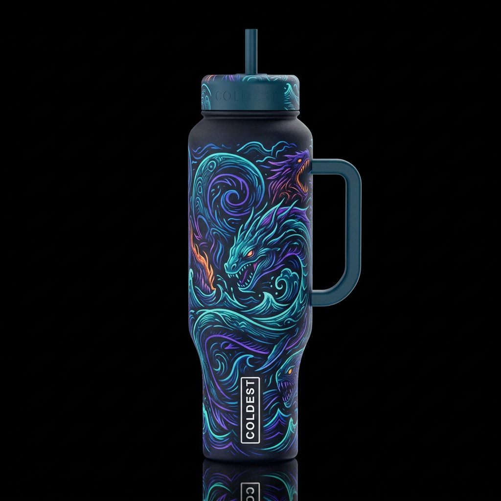 leviathans monsters abstract, stormy seas swirls l... water bottle design