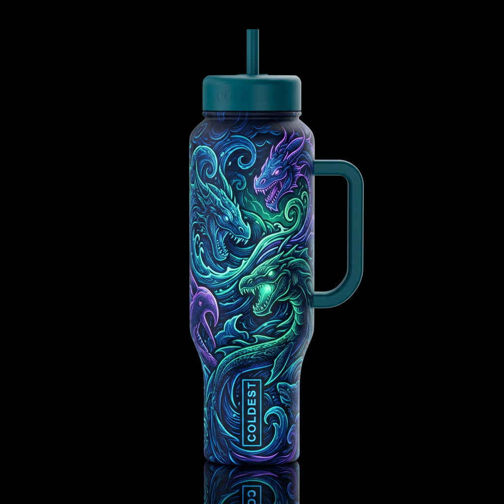 leviathans monsters abstract, stormy seas swirls l... water bottle design