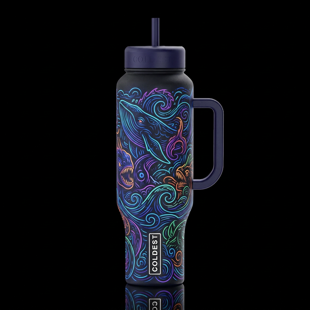 leviathans monsters abstract, stormy seas swirls l... water bottle design