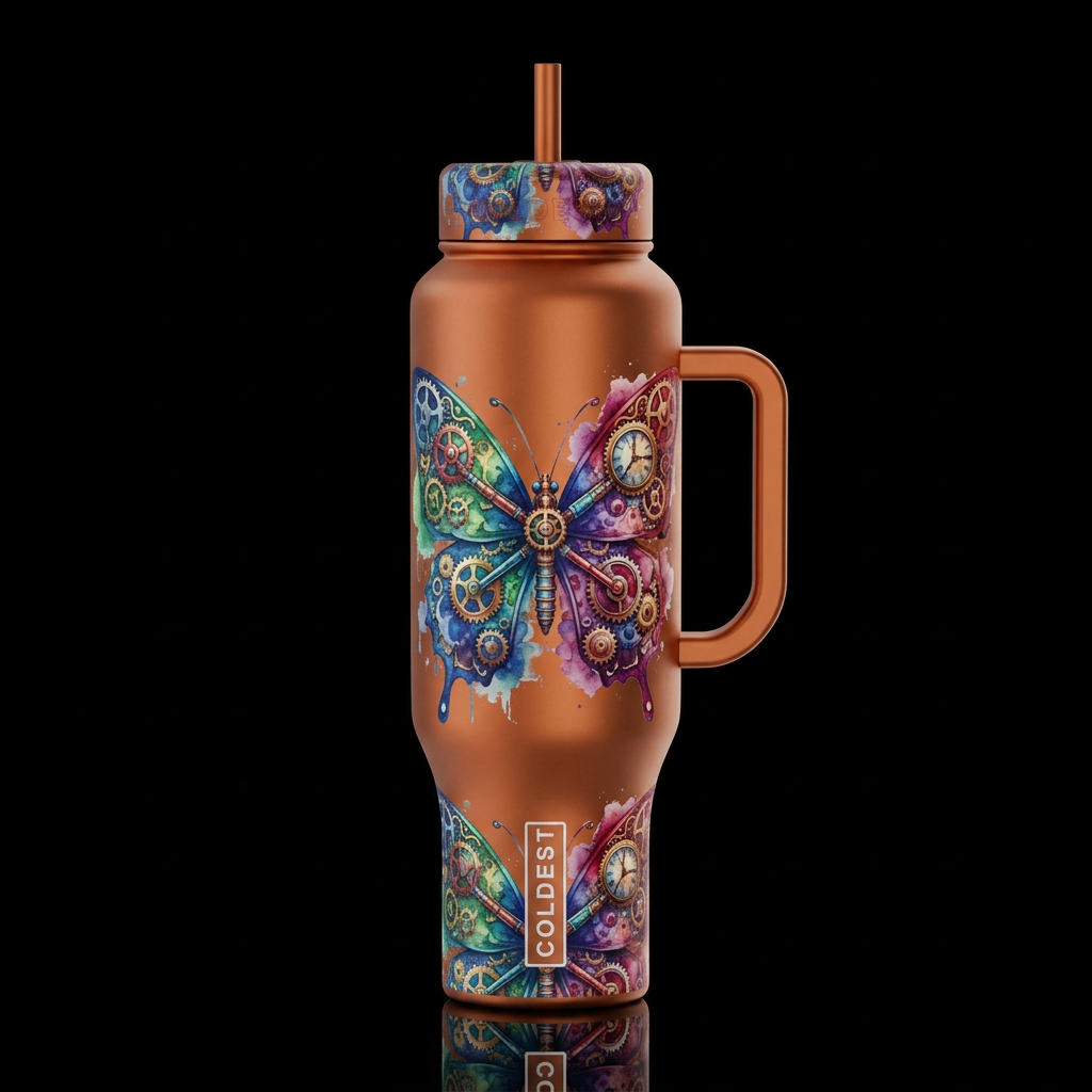 steampunk butterfly gears, watercolor water bottle design