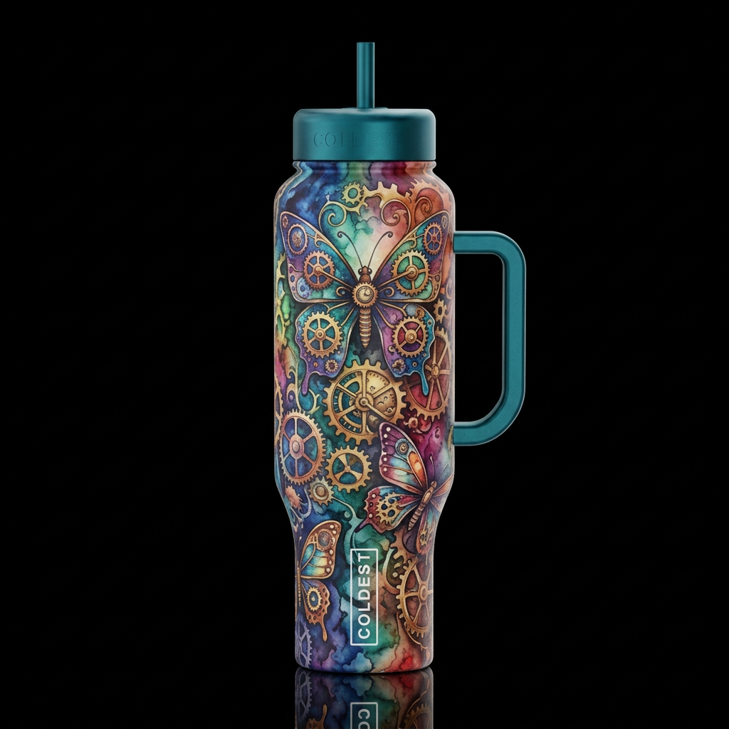 steampunk butterfly gears, watercolor water bottle design
