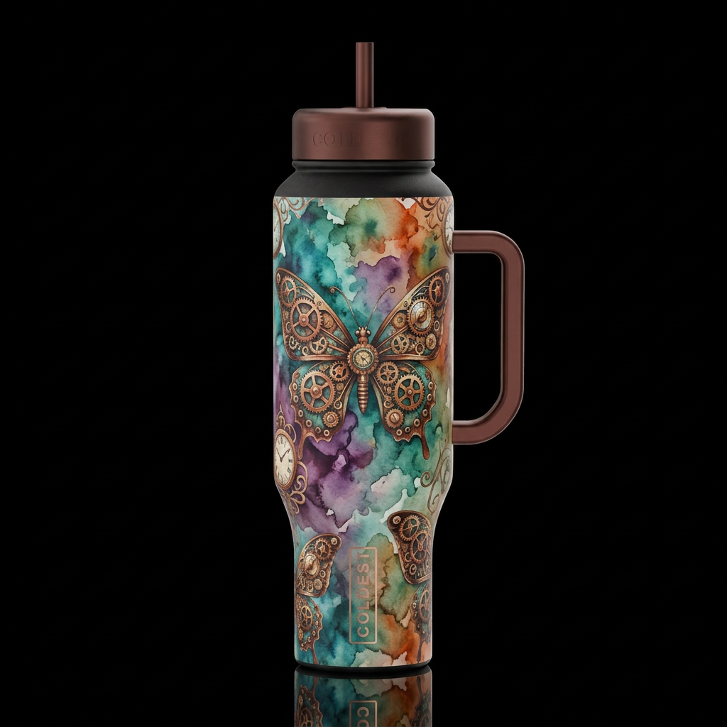 steampunk butterfly gears, watercolor water bottle design
