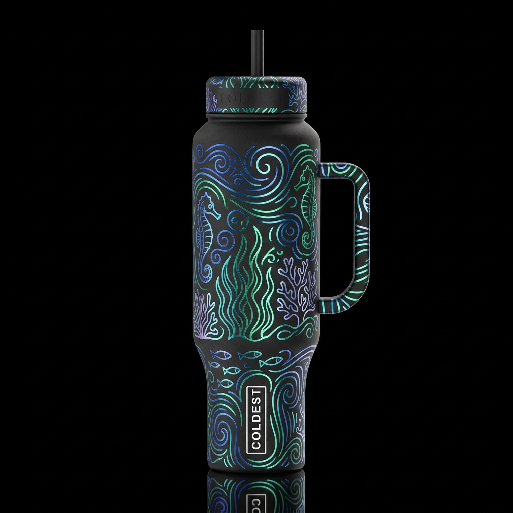 swirls, ocean, seahorse plants, glowie line art gl... water bottle design