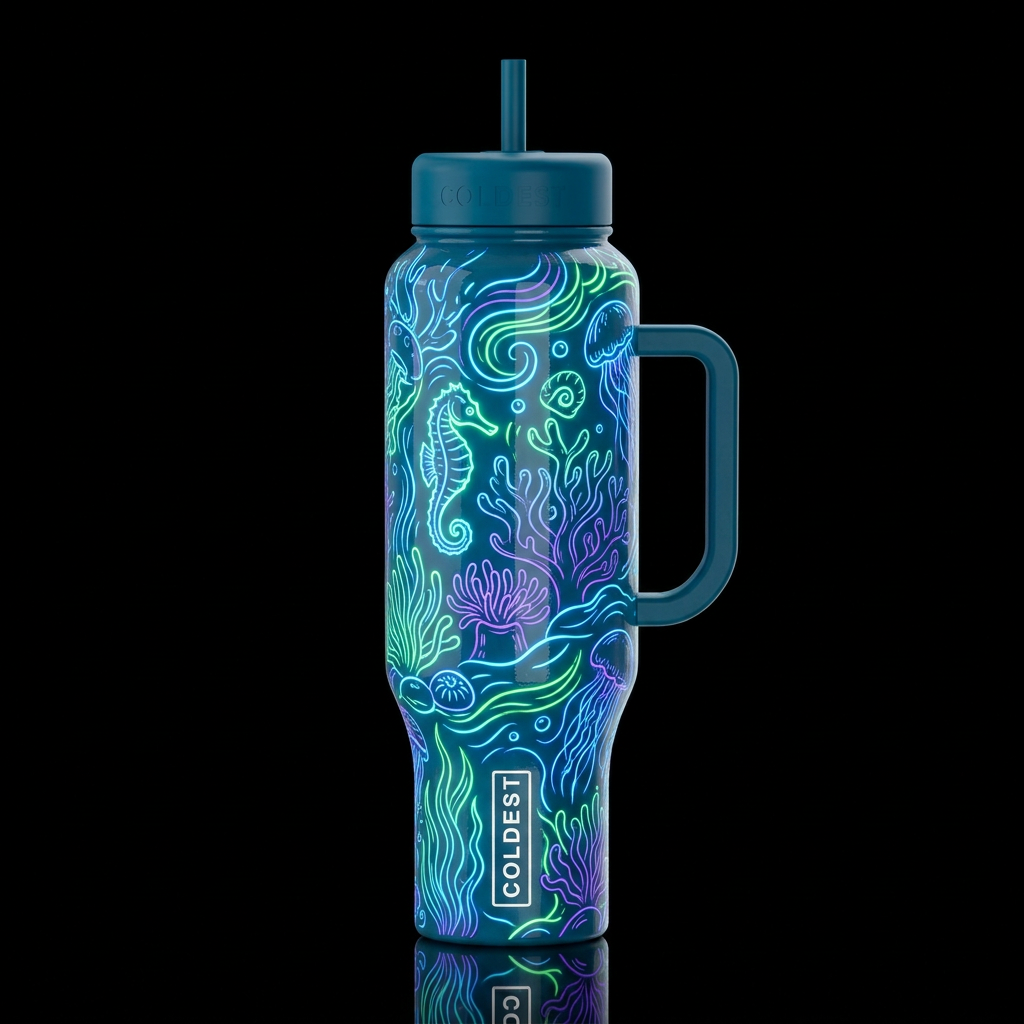 swirls, ocean, seahorse plants, glowie line art gl... water bottle design