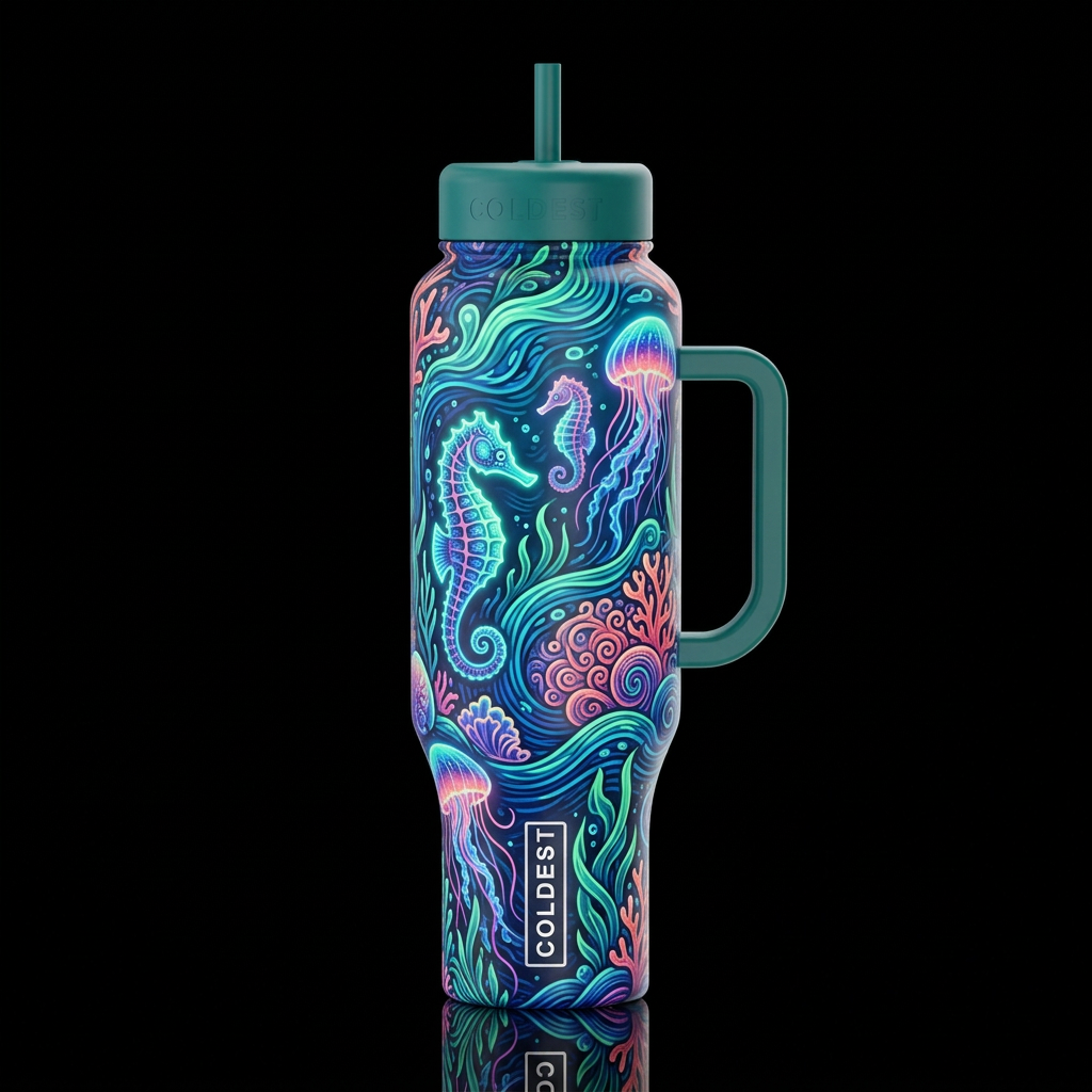 swirls, ocean, seahorse plants, glowie line art gl... water bottle design