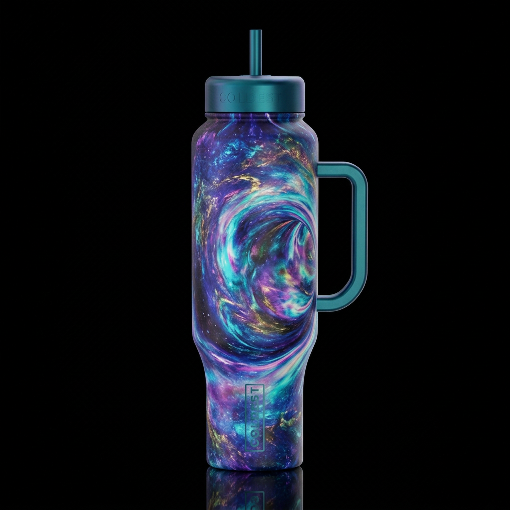 opalescent iridescent abstract style wormhole water bottle design