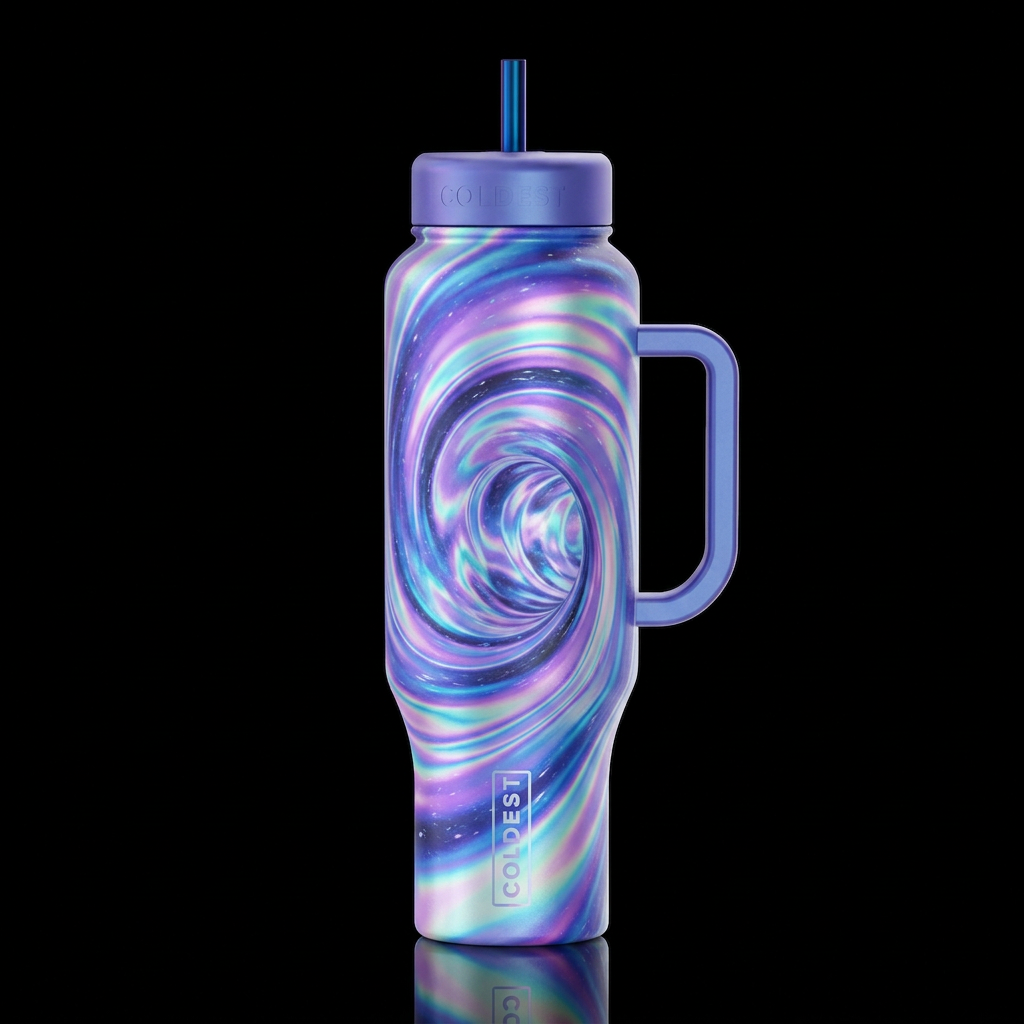 opalescent iridescent abstract style wormhole water bottle design