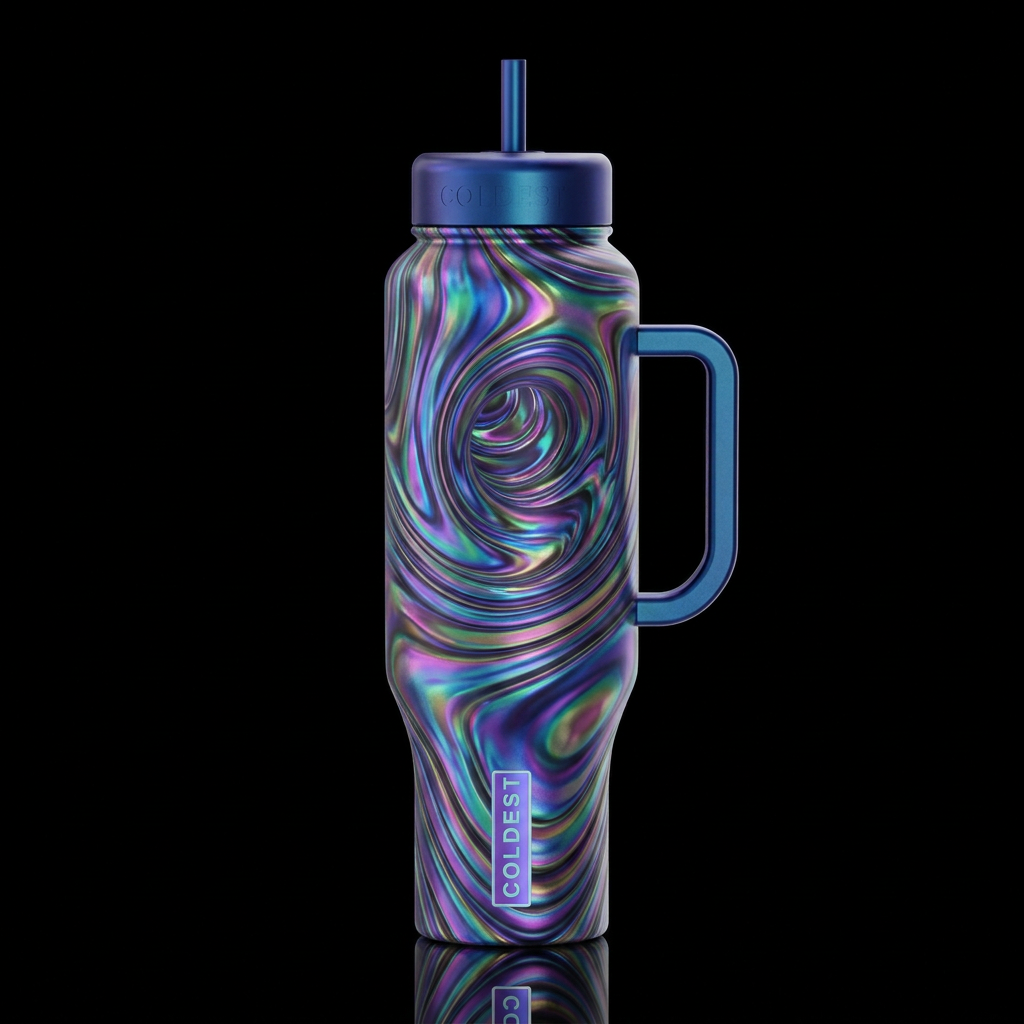 opalescent iridescent abstract style wormhole water bottle design