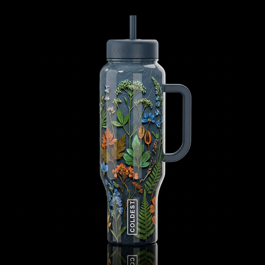 pressed floral plants on slate with greens orange ... water bottle design