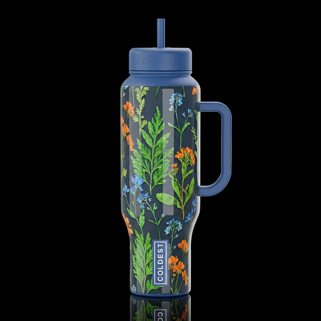 pressed floral plants on slate with greens orange ... water bottle design