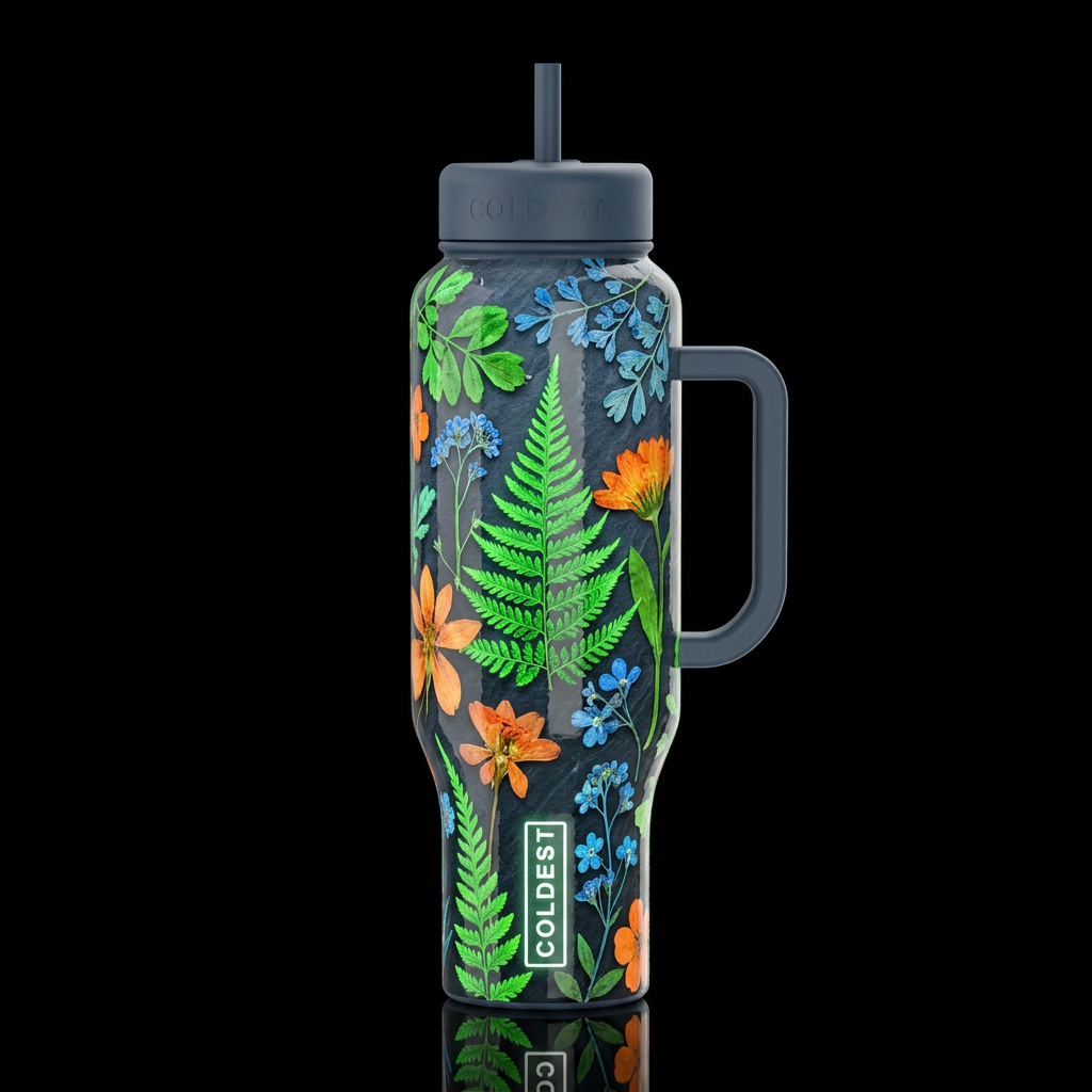 pressed floral plants on slate with greens orange ... water bottle design
