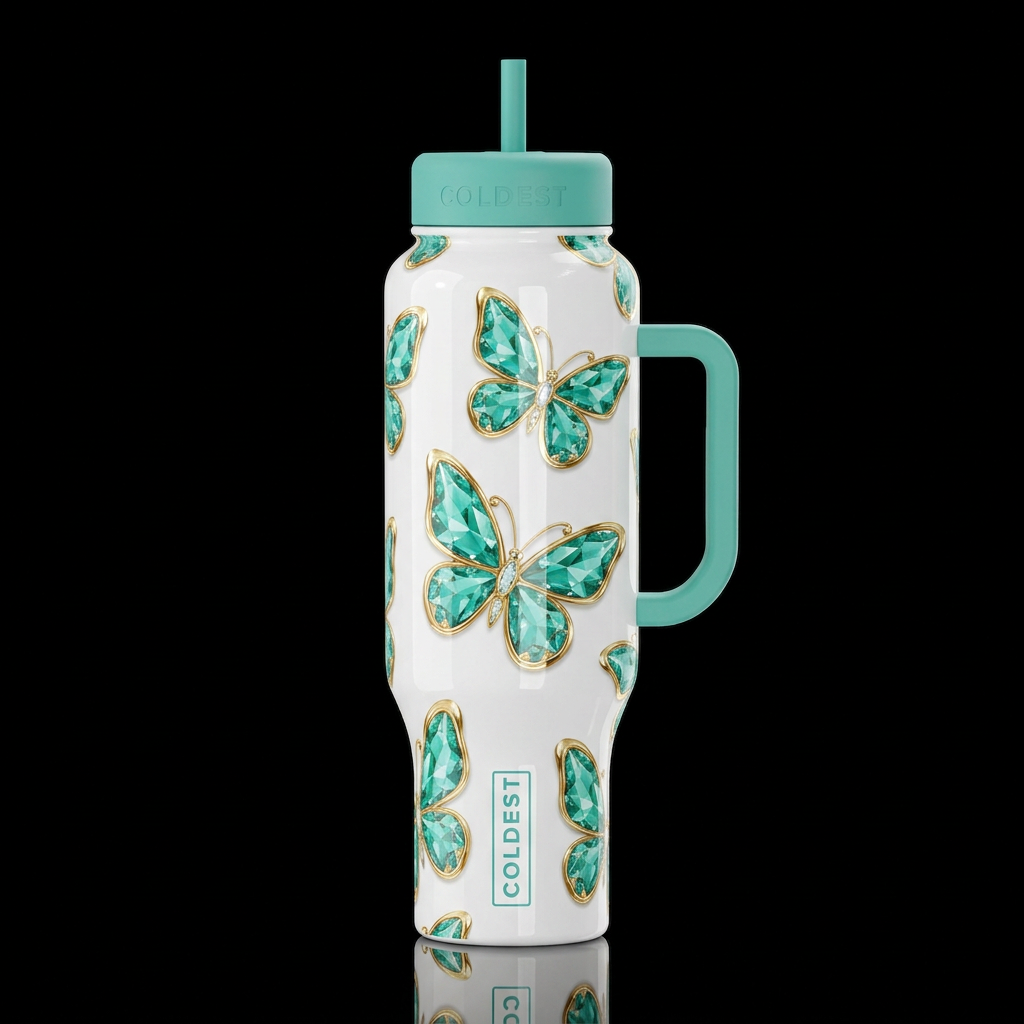 bright shiny turquoise green crystaline butter fli... water bottle design