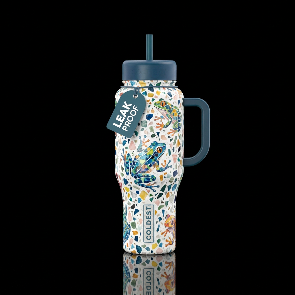 terrazzo mosaic vibrant shiny frogs on a white bac... water bottle design