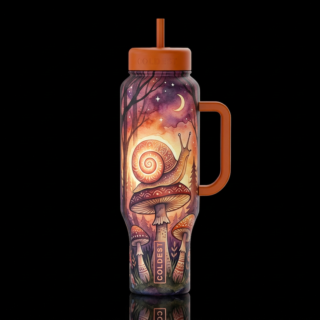 glowie folk art spiral shelled snail on top of a m... water bottle design