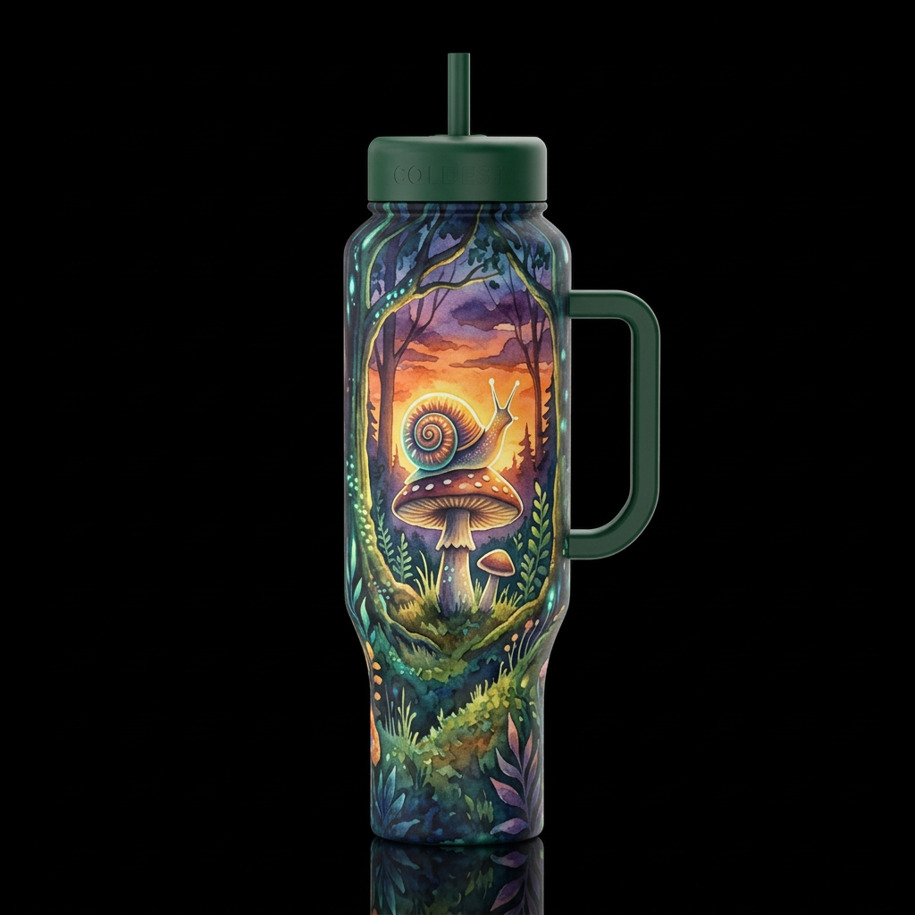 glowie folk art spiral shelled snail on top of a m... water bottle design
