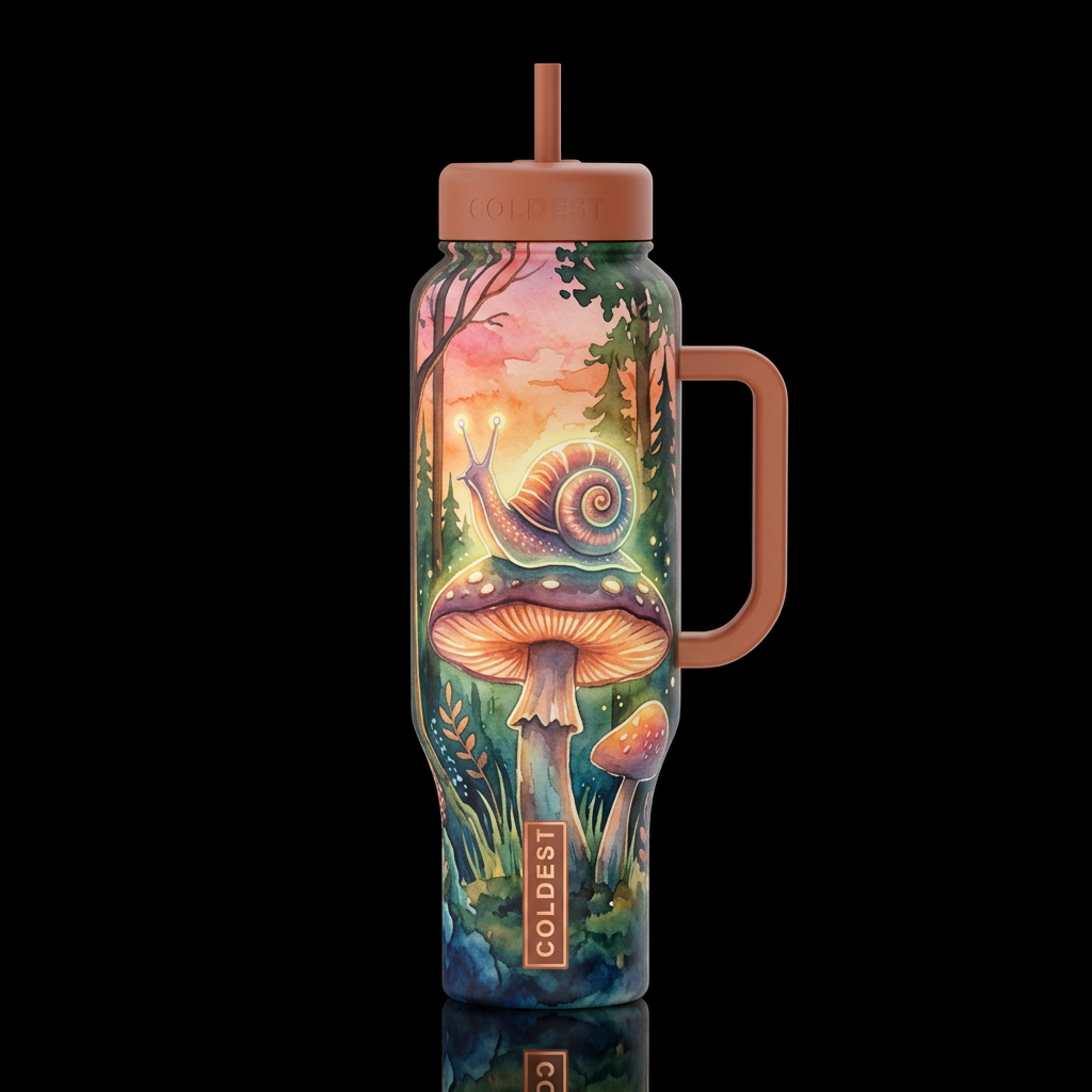 glowie folk art spiral shelled snail on top of a m... water bottle design