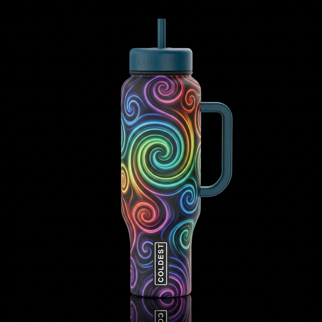 algorithmic glowie rainbow color spirals on a blac... water bottle design