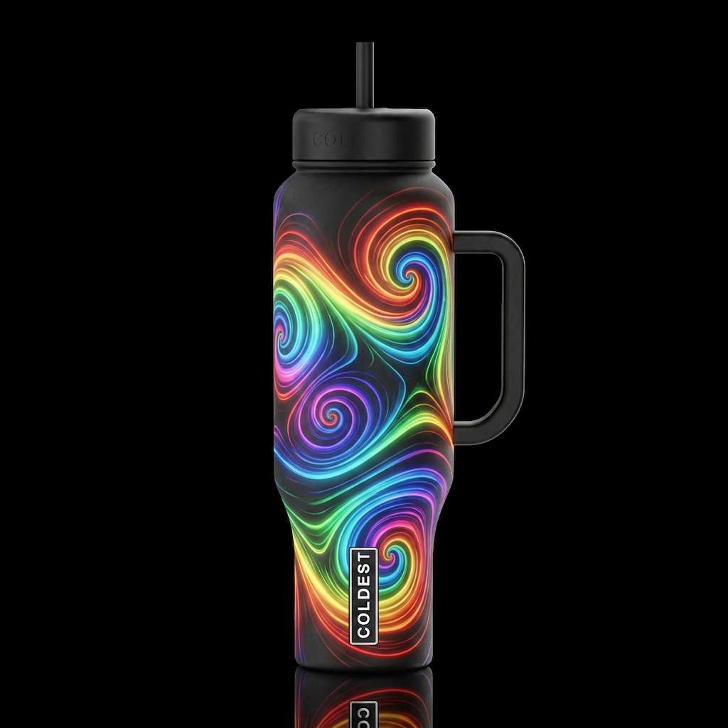 algorithmic glowie rainbow color spirals on a blac... water bottle design