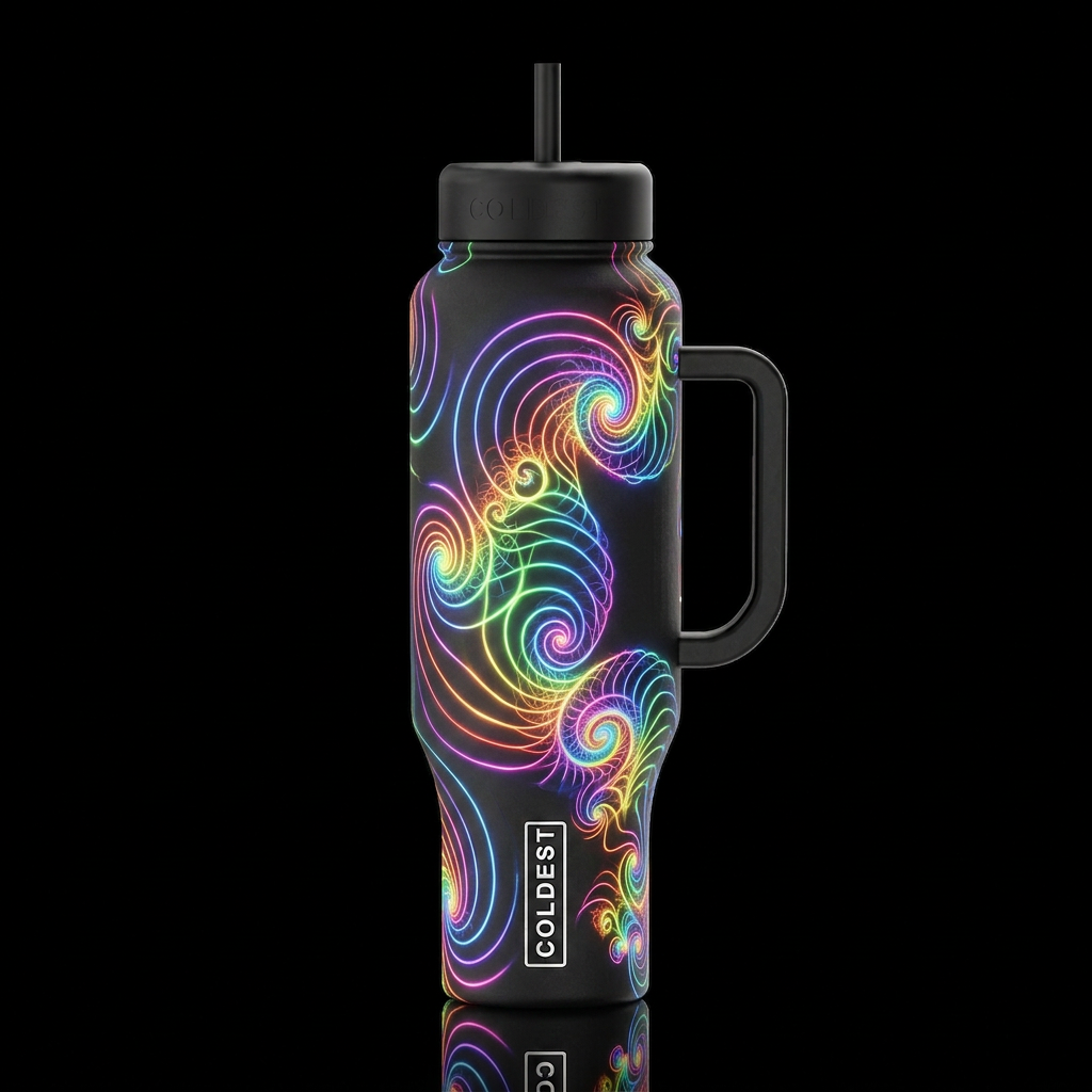 algorithmic glowie rainbow color spirals on a blac... water bottle design