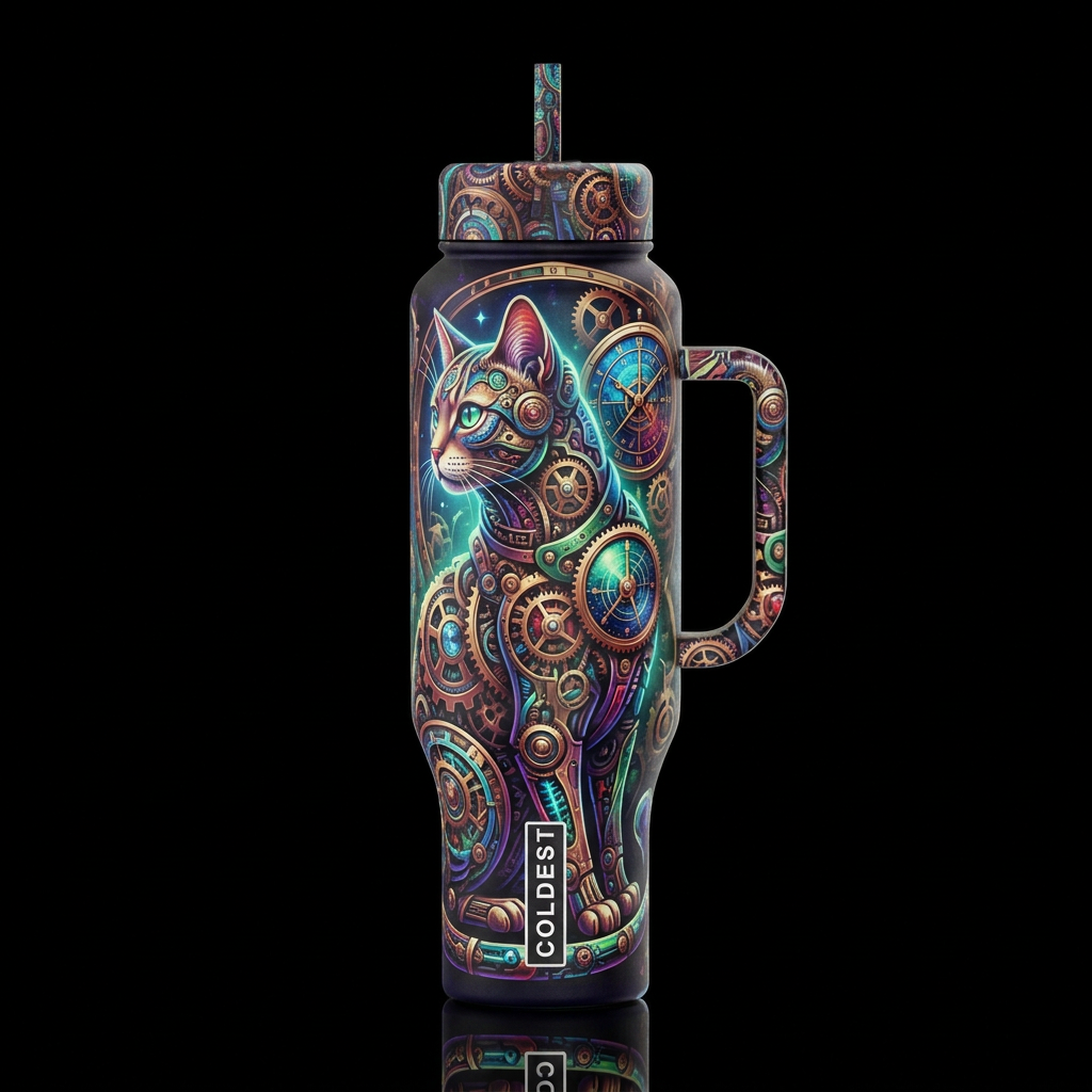 abstract otherworldly clockpunk gears clockwork ca... water bottle design