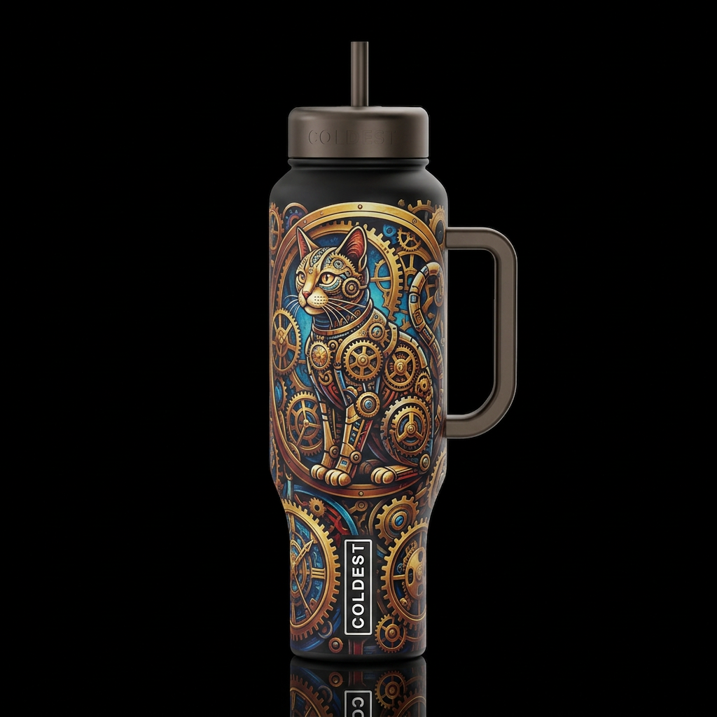 abstract otherworldly clockpunk gears clockwork ca... water bottle design