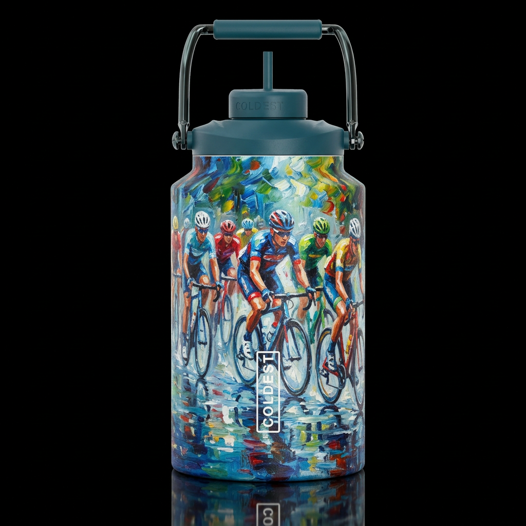 abstract colorful group of cyclist pedaling in mot... water bottle design