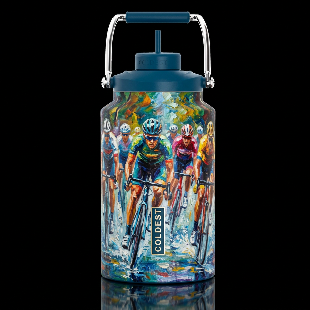 abstract colorful group of cyclist pedaling in mot... water bottle design