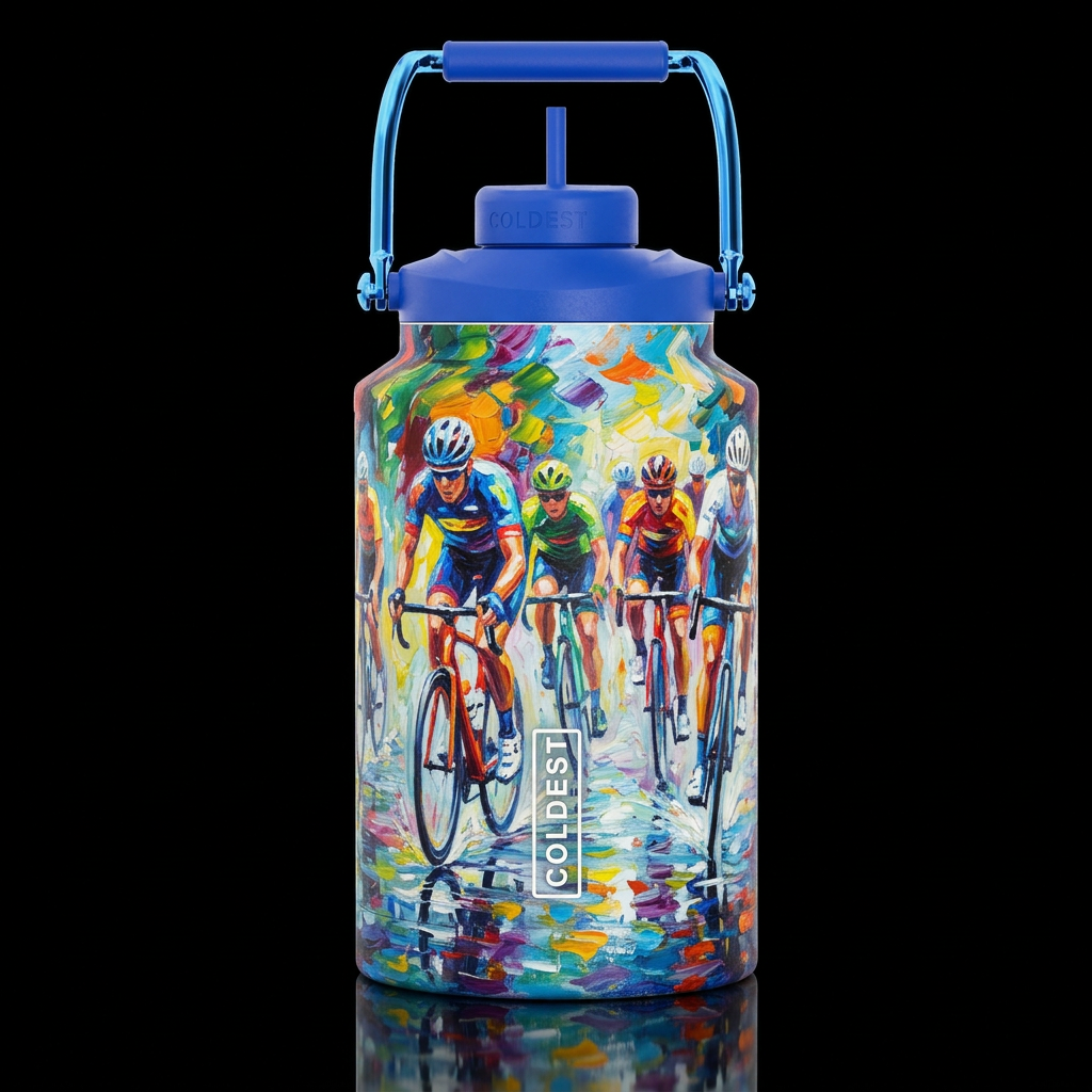 abstract colorful group of cyclist pedaling in mot... water bottle design