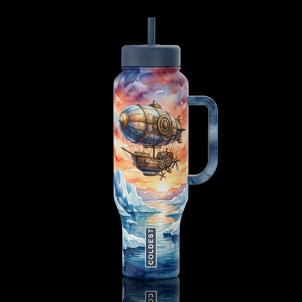 steam punk airship floating in the sky above, glac... water bottle design