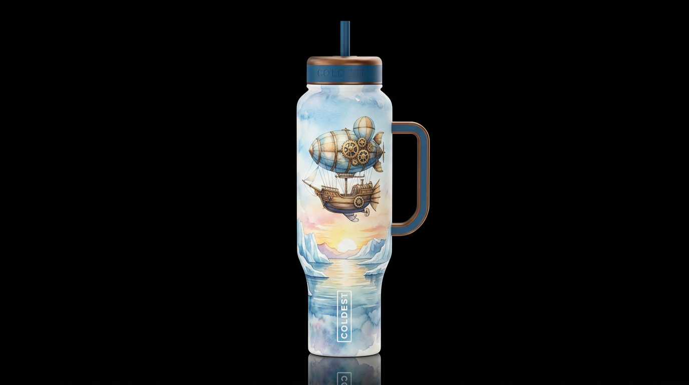 steam punk airship floating in the sky above, glac... water bottle design