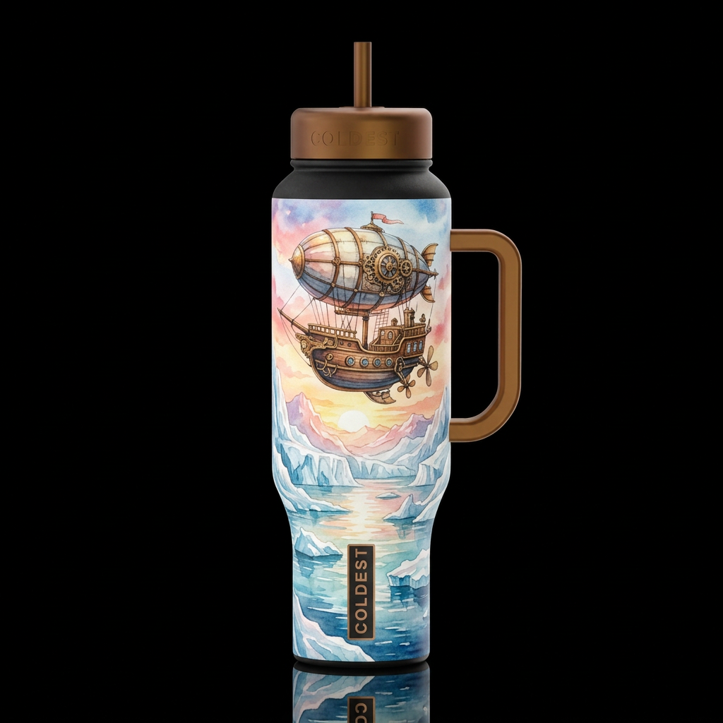 steam punk airship floating in the sky above, glac... water bottle design
