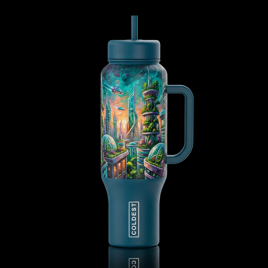 solarpunk otherworldly futuristic city, oil painte... water bottle design
