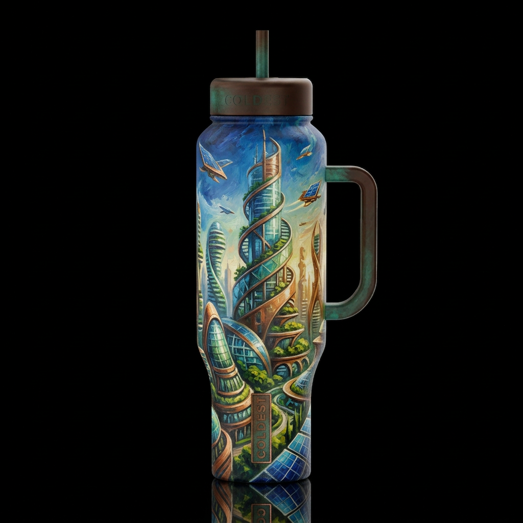 solarpunk otherworldly futuristic city, oil painte... water bottle design