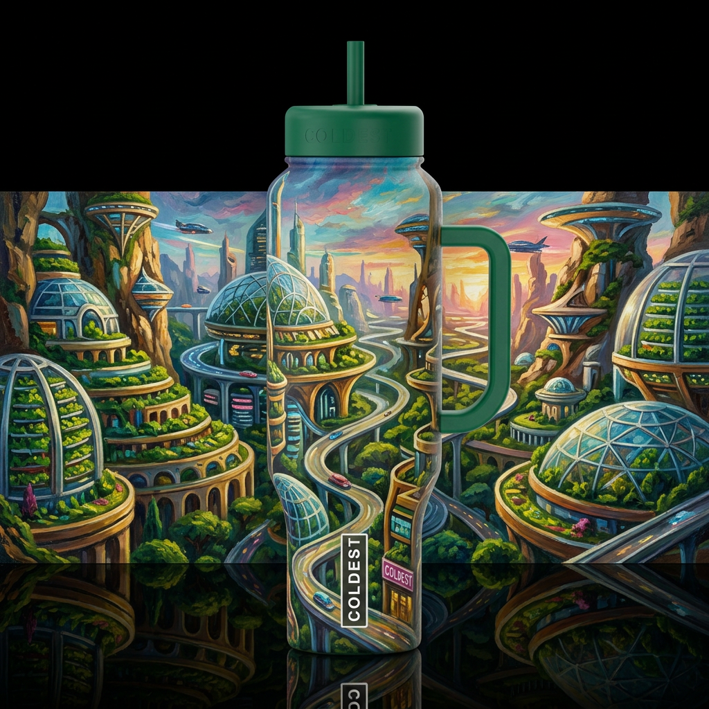 solarpunk otherworldly futuristic city, oil painte... water bottle design